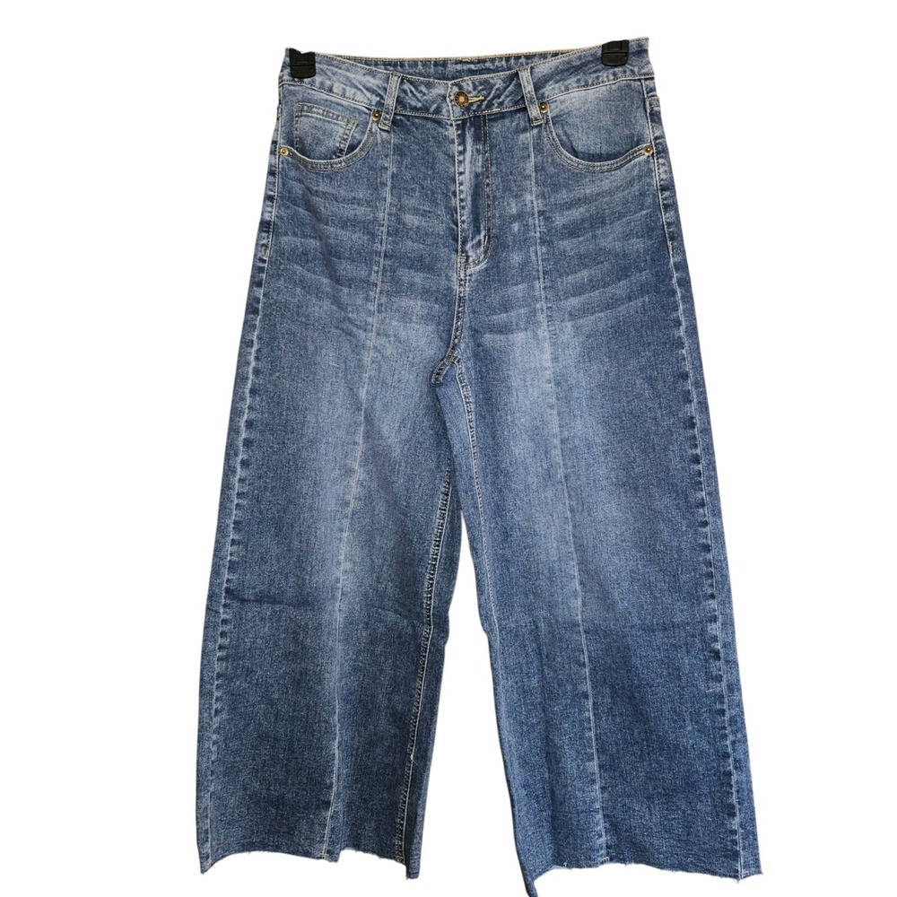 Womens High Waisted Wide Leg Cropped Jeans Medium Wash Raw Hem Front Seam Size L